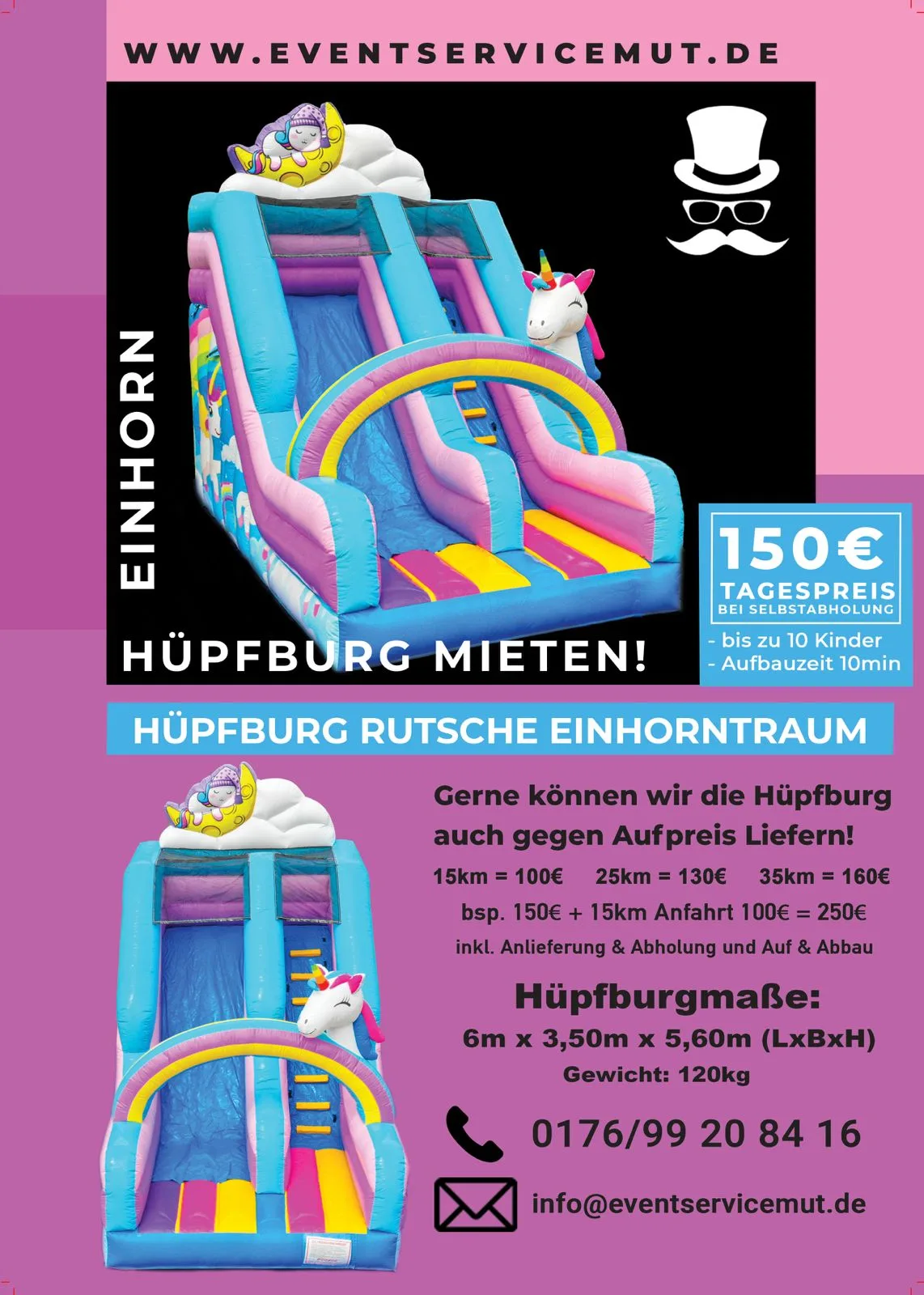 Einhorntraum Hüpfburg Rutsche Flyer mit Preis und Details