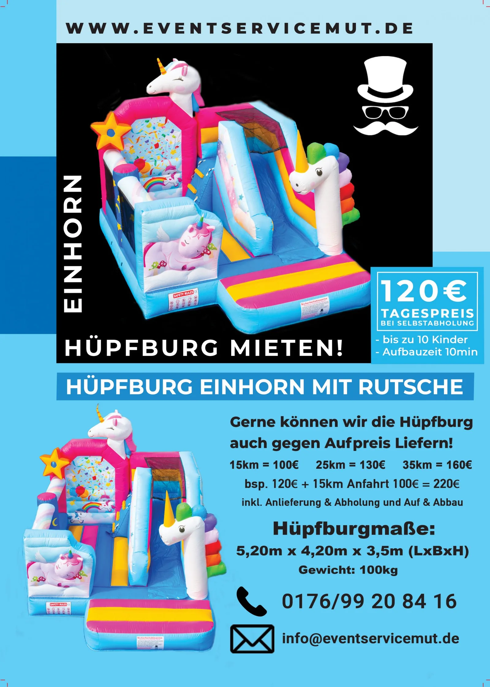 Einhorn Hüpfburg Flyer mit Preis und Details