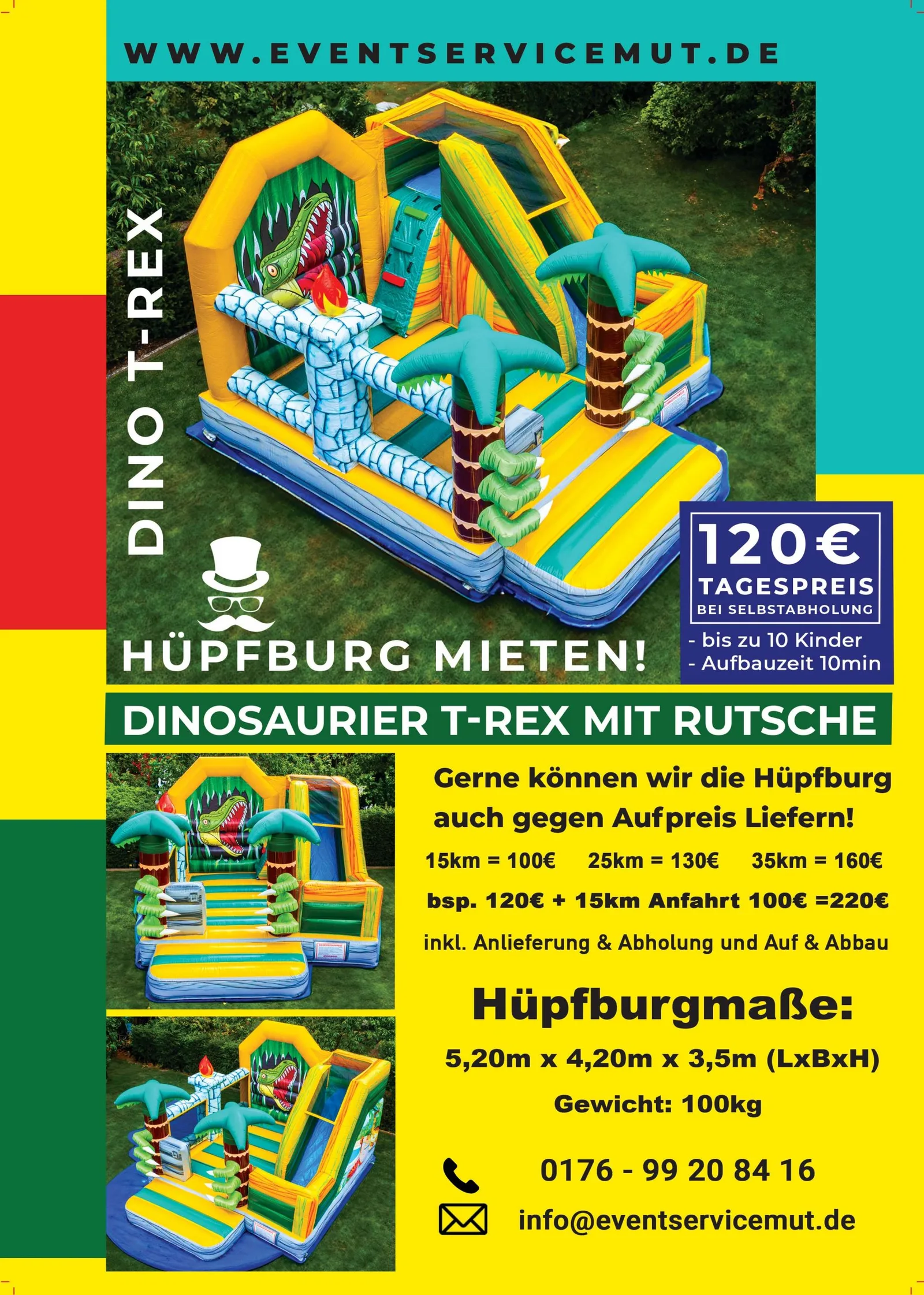 T-Rex Hüpfburg Flyer mit Preis und Details